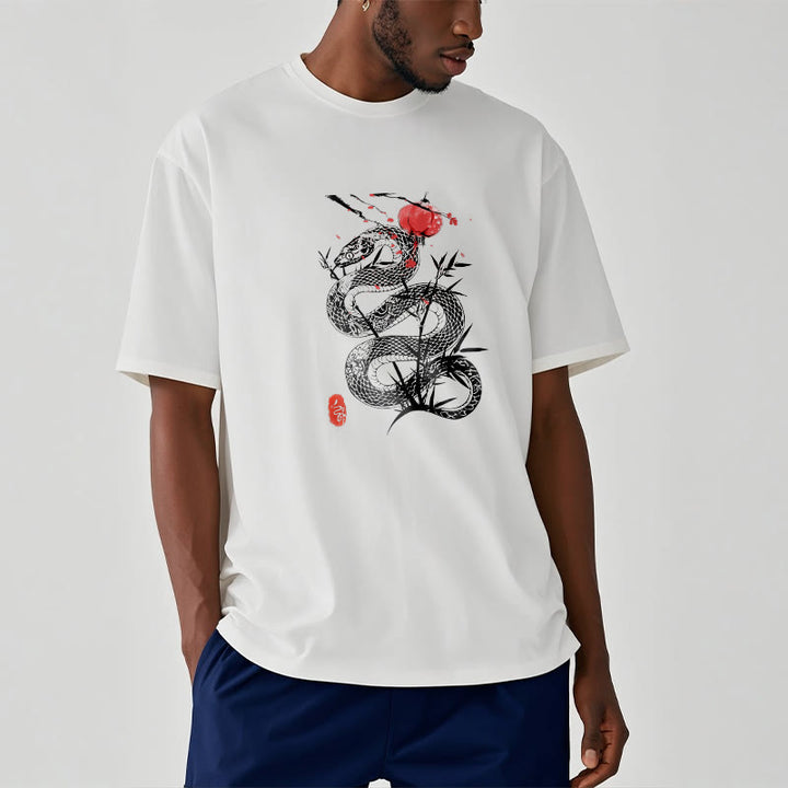 Buddha Stones T-Shirt aus Baumwolle mit Laternenmotiv, Bambusblättern und Schlangenmuster - Weiß - 2XL - image 7