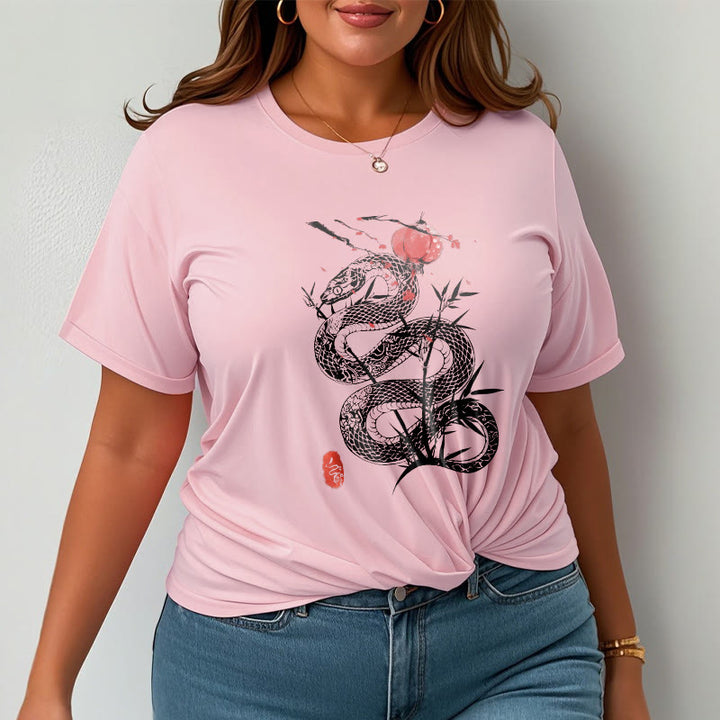 Buddha Stones T-Shirt aus Baumwolle mit Laternenmotiv, Bambusblättern und Schlangenmuster - image 19
