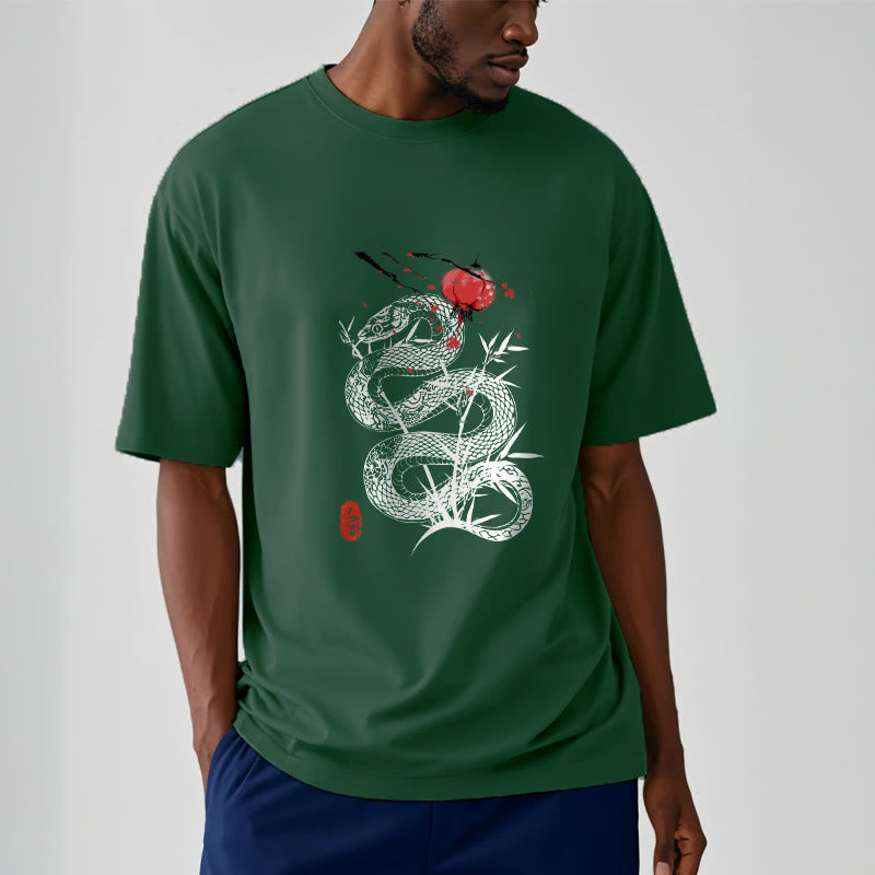 Buddha Stones T-Shirt aus Baumwolle mit Laternenmotiv, Bambusblättern und Schlangenmuster - image 10