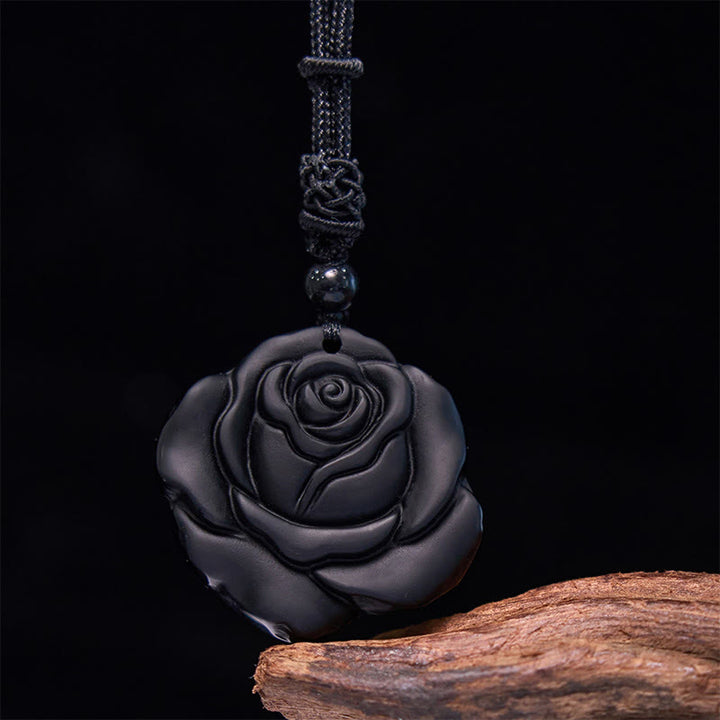 Buddha Stones Schwarze Obsidiankette Schwarze Rose Reinigung Halskette Anhänger