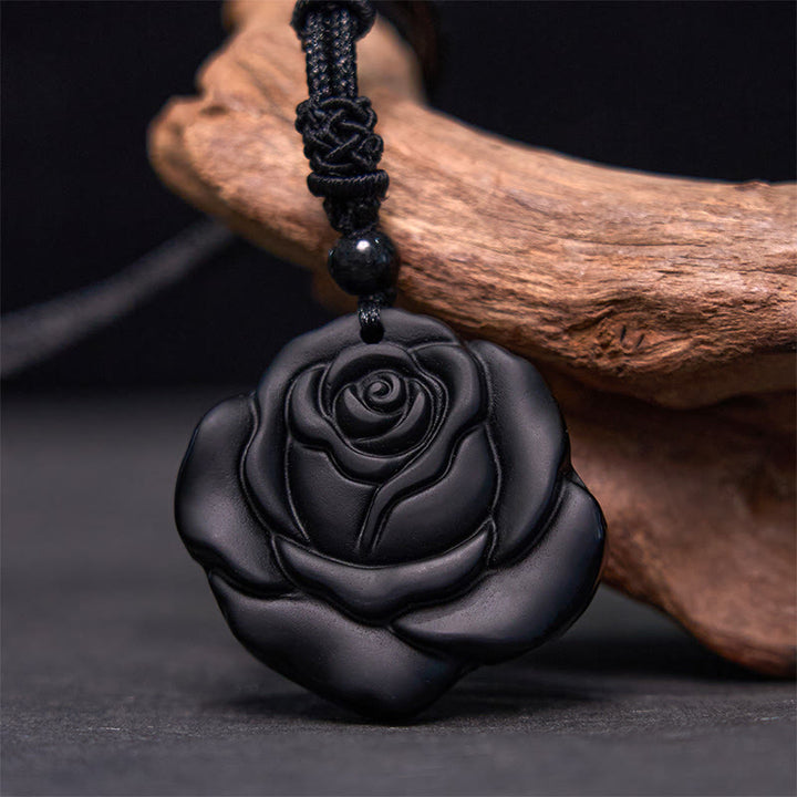 Buddha Stones Schwarze Obsidiankette Schwarze Rose Reinigung Halskette Anhänger