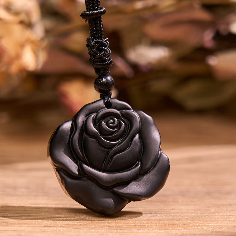 Buddha Stones Schwarze Obsidiankette Schwarze Rose Reinigung Halskette Anhänger