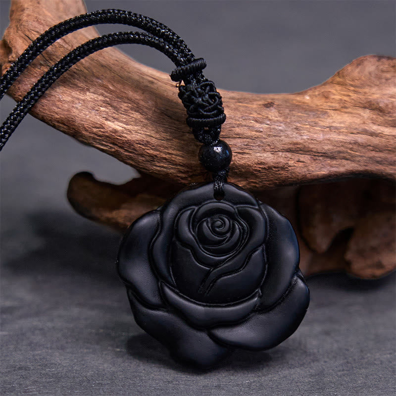 Buddha Stones Schwarze Obsidiankette Schwarze Rose Reinigung Halskette Anhänger