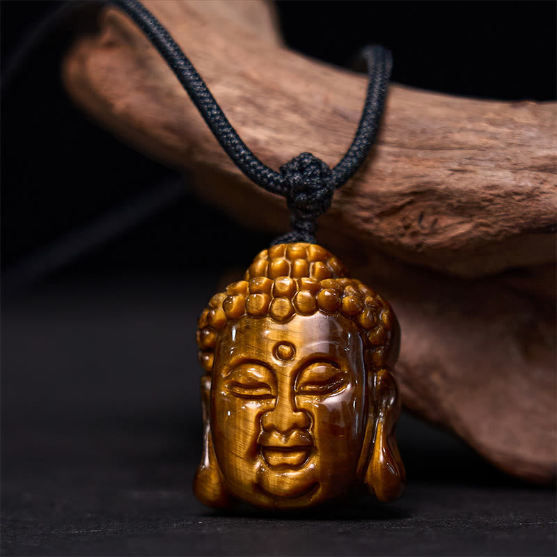 Buddha Stones ​​Tiger Auge String Buddha Kopf Mut Halskette Anhänger - Tigerauge Schwarz String - image 1