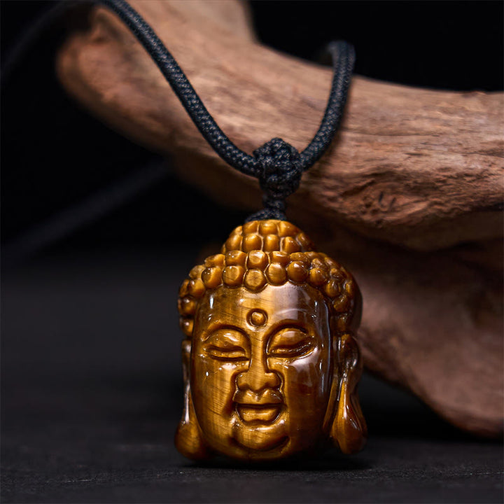 Buddha Stones ​​Tiger Auge String Buddha Kopf Mut Halskette Anhänger - Tigerauge Schwarz String - image 1