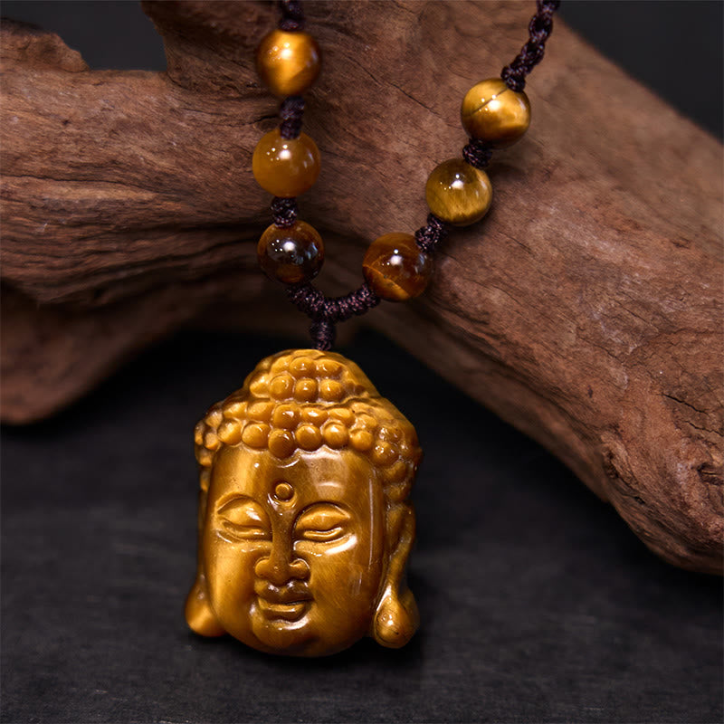 Buddha Stones ​​Tiger Auge String Buddha Kopf Mut Halskette Anhänger - Tigerauge Viersträngige Braune Schnur - image 10