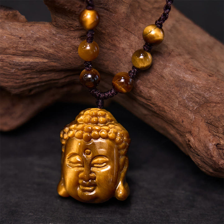 Buddha Stones ​​Tiger Auge String Buddha Kopf Mut Halskette Anhänger - Tigerauge Viersträngige Braune Schnur - image 10
