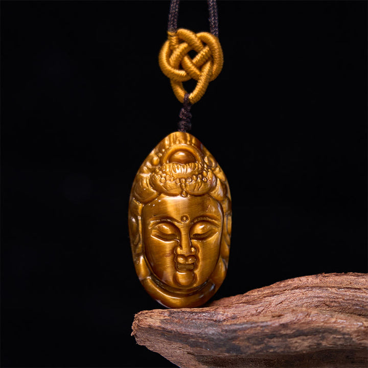 Buddha Stones Tigerauge Kwan Yin Avalokitesvara Kopf String Stärke Halskette Anhänger