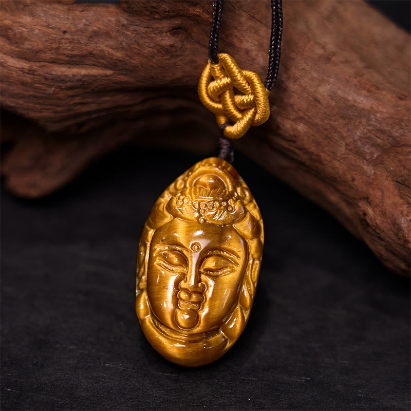 Buddha Stones Tigerauge Kwan Yin Avalokitesvara Kopf String Stärke Halskette Anhänger