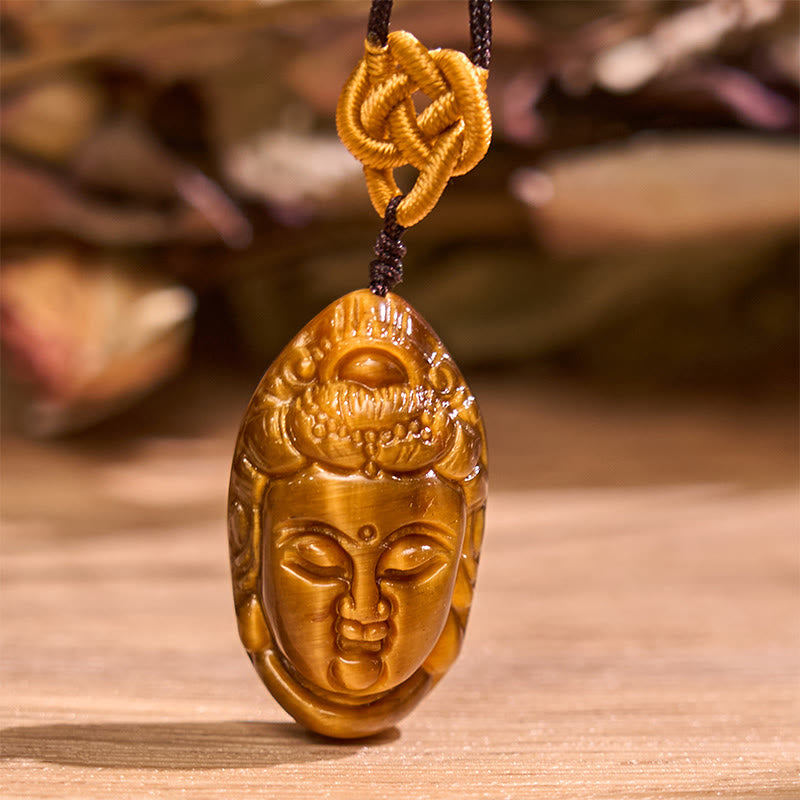 Buddha Stones Tigerauge Kwan Yin Avalokitesvara Kopf String Stärke Halskette Anhänger