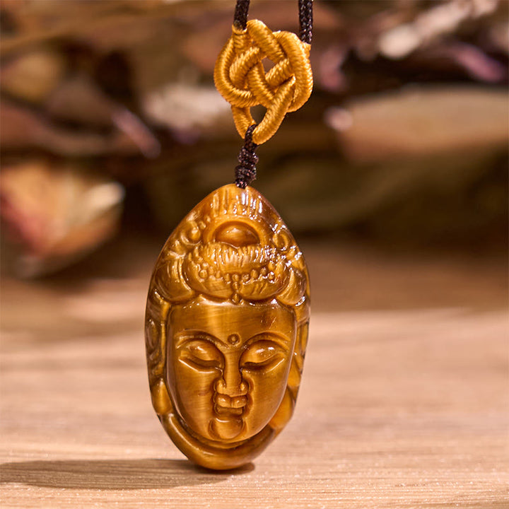 Buddha Stones Tigerauge Kwan Yin Avalokitesvara Kopf String Stärke Halskette Anhänger