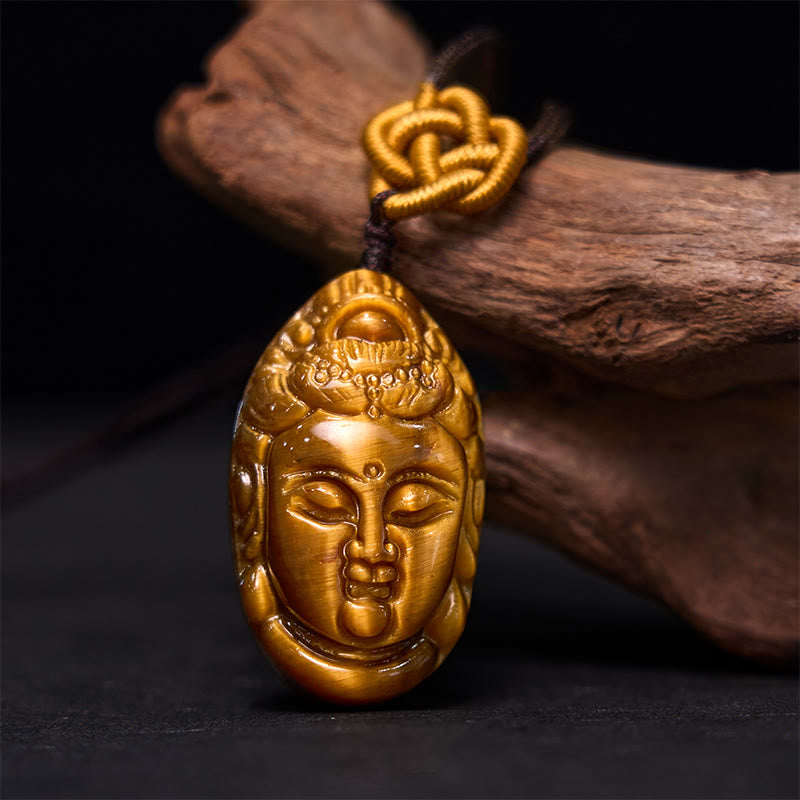 Buddha Stones Tigerauge Kwan Yin Avalokitesvara Kopf String Stärke Halskette Anhänger