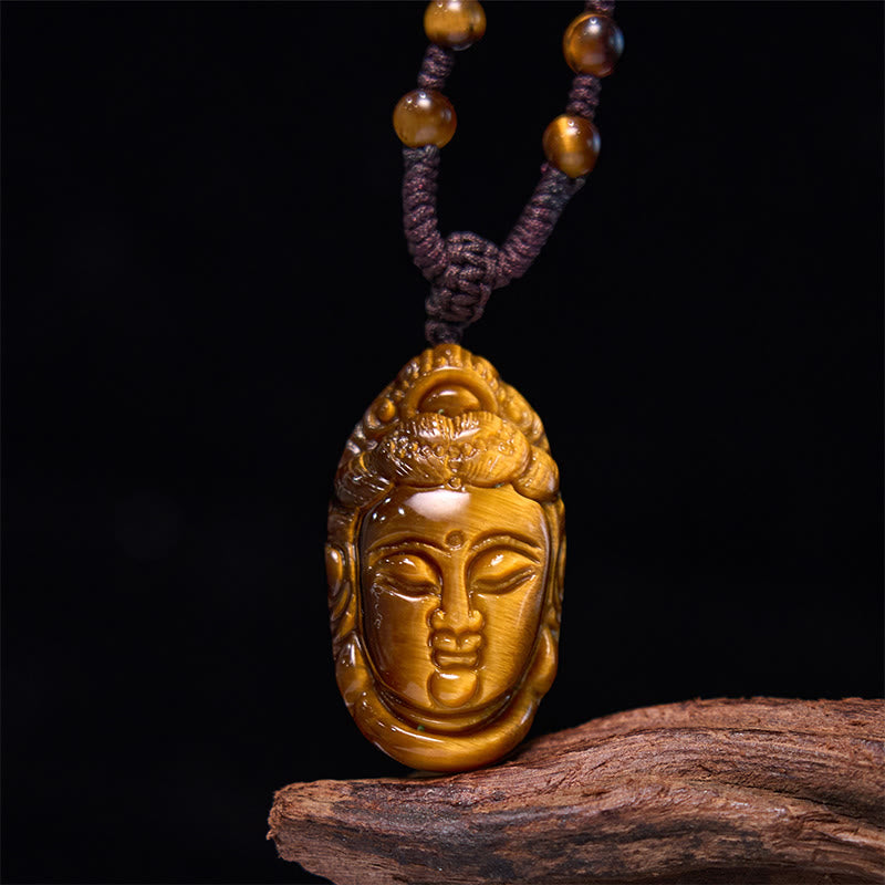 Buddha Stones Tigerauge Kwan Yin Avalokitesvara Kopf String Stärke Halskette Anhänger