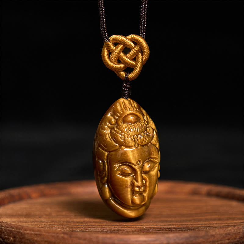 Buddha Stones Tigerauge Kwan Yin Avalokitesvara Kopf String Stärke Halskette Anhänger