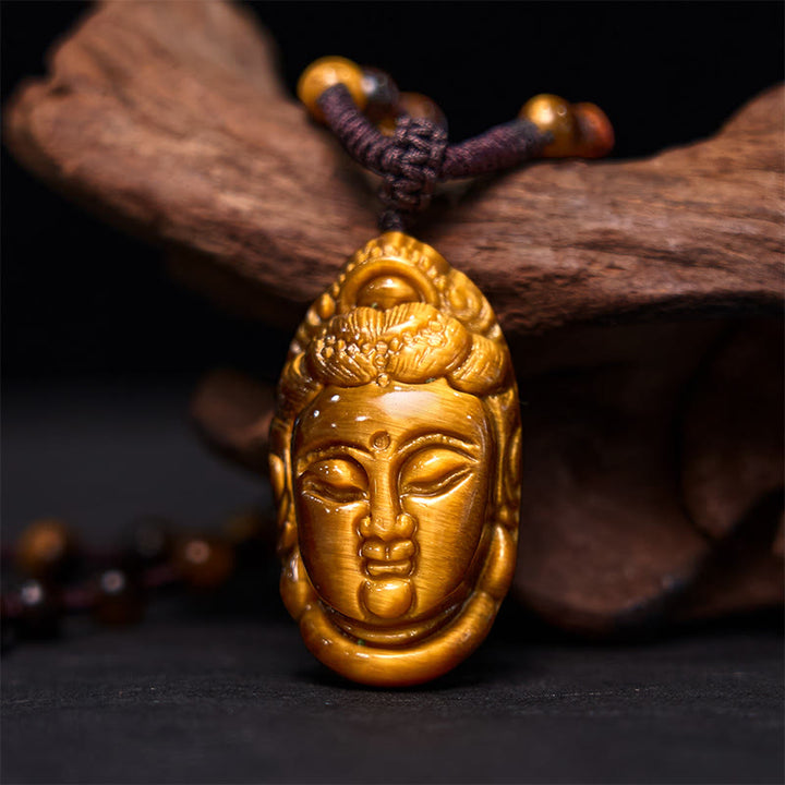 Buddha Stones Tigerauge Kwan Yin Avalokitesvara Kopf String Stärke Halskette Anhänger