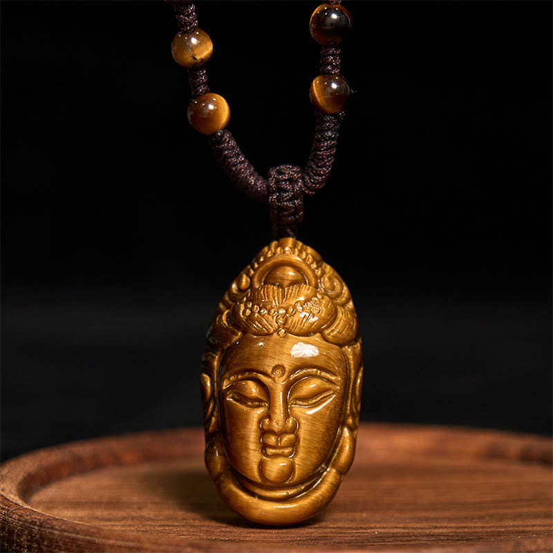 Buddha Stones Tigerauge Kwan Yin Avalokitesvara Kopf String Stärke Halskette Anhänger