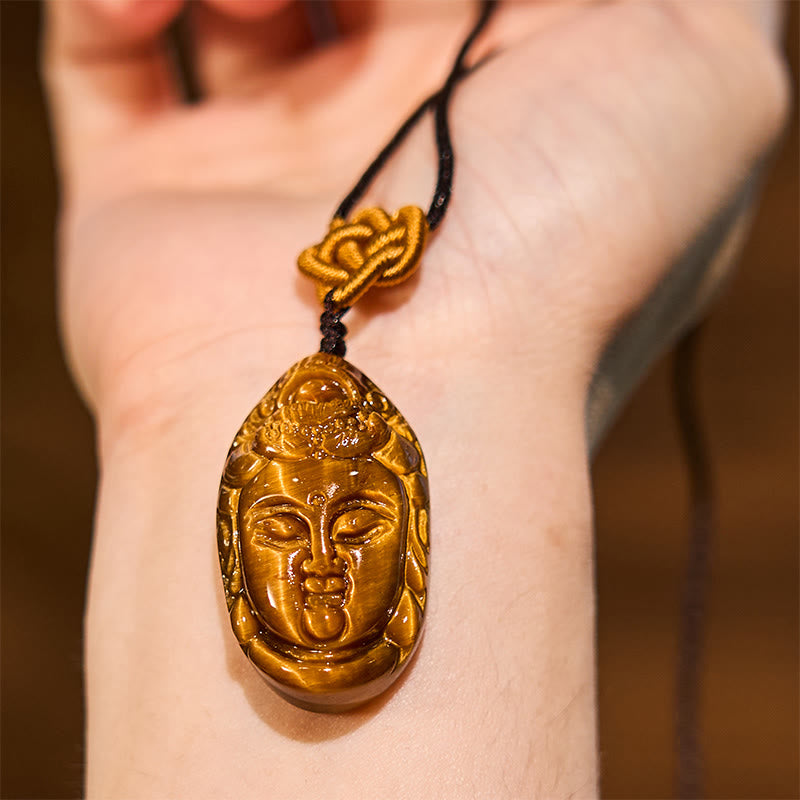 Buddha Stones Tigerauge Kwan Yin Avalokitesvara Kopf String Stärke Halskette Anhänger