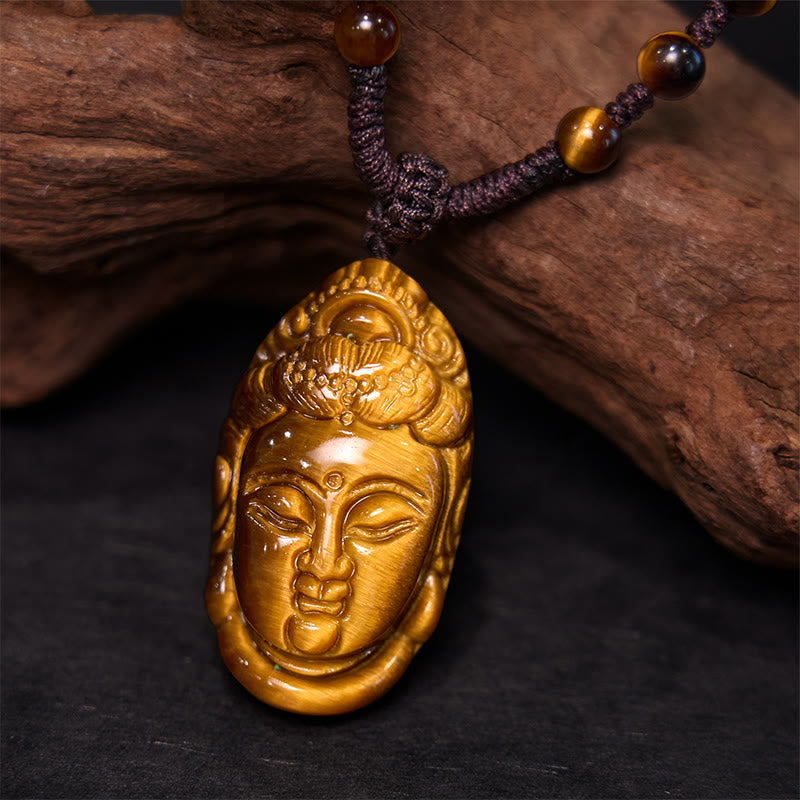 Buddha Stones Tigerauge Kwan Yin Avalokitesvara Kopf String Stärke Halskette Anhänger