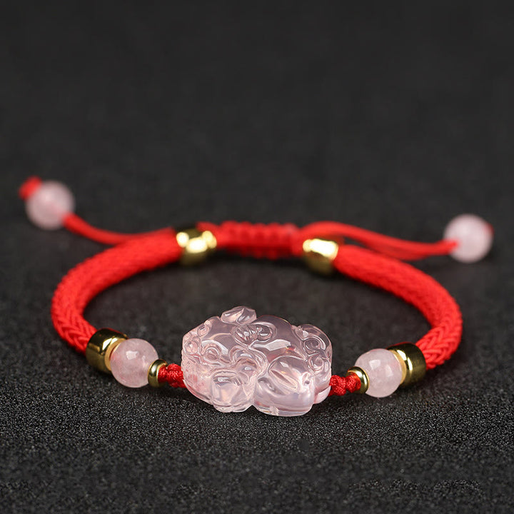 Buddha Stones PiXiu Rosa Kristall Reichtum Schnur geflochtenes Armband