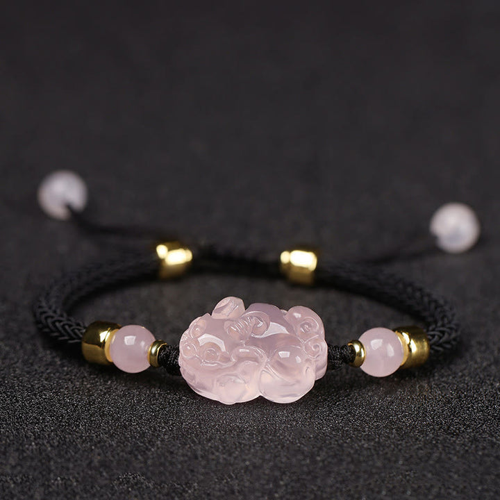 Buddha Stones PiXiu Rosa Kristall Reichtum Schnur geflochtenes Armband