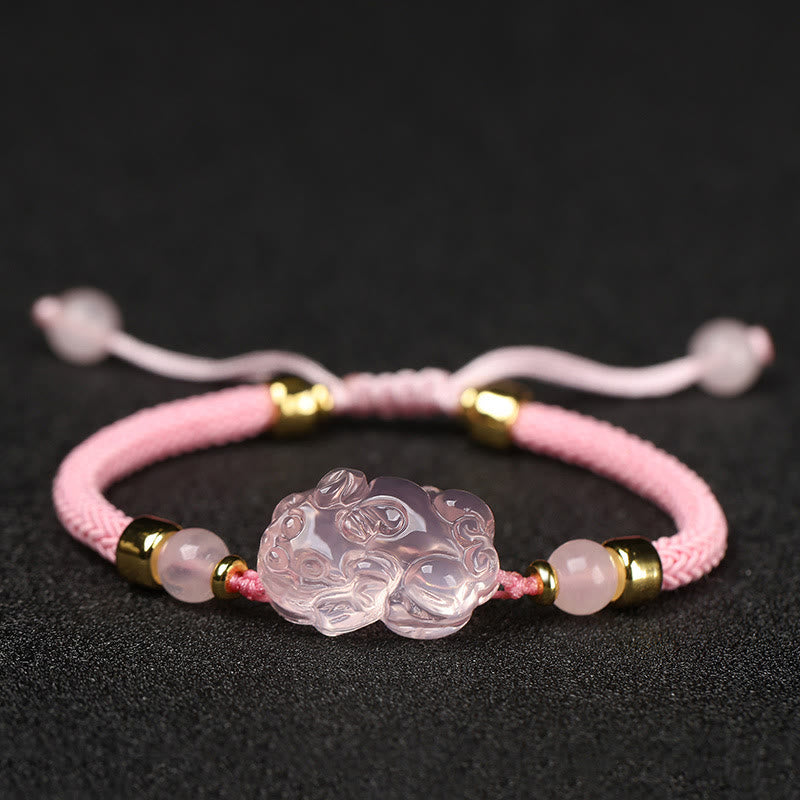 Buddha Stones PiXiu Rosa Kristall Reichtum Schnur geflochtenes Armband