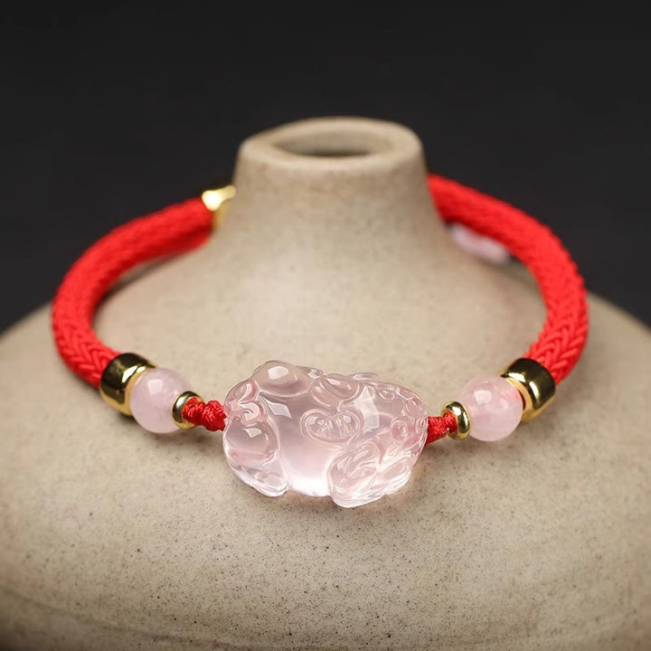 Buddha Stones PiXiu Rosa Kristall Reichtum Schnur geflochtenes Armband