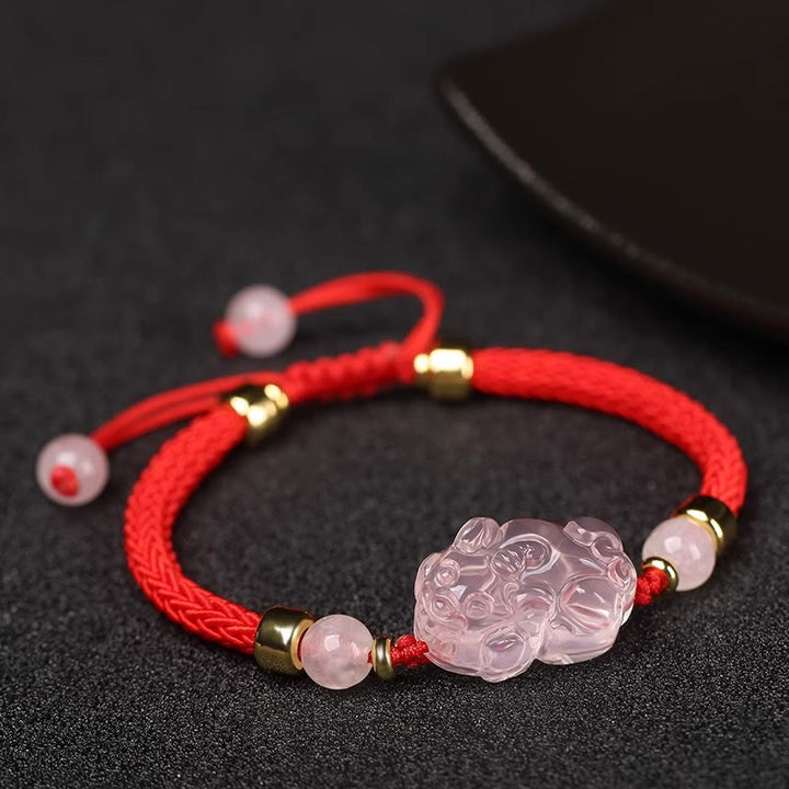 Buddha Stones PiXiu Rosa Kristall Reichtum Schnur geflochtenes Armband