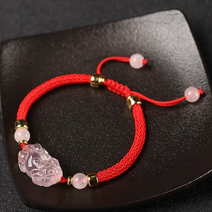 Buddha Stones PiXiu Rosa Kristall Reichtum Schnur geflochtenes Armband