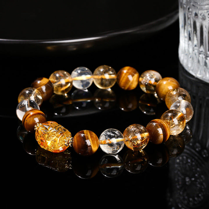 Buddha Stones Natürliches gelbes Tigerauge Citrin Bienenwachs Pixiu Stärke Armband