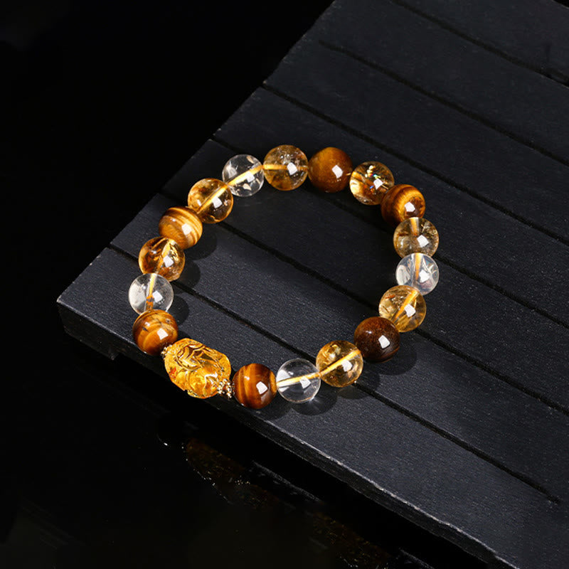 Buddha Stones Natürliches gelbes Tigerauge Citrin Bienenwachs Pixiu Stärke Armband