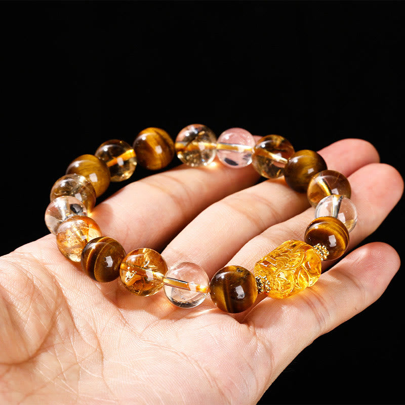 Buddha Stones Natürliches gelbes Tigerauge Citrin Bienenwachs Pixiu Stärke Armband