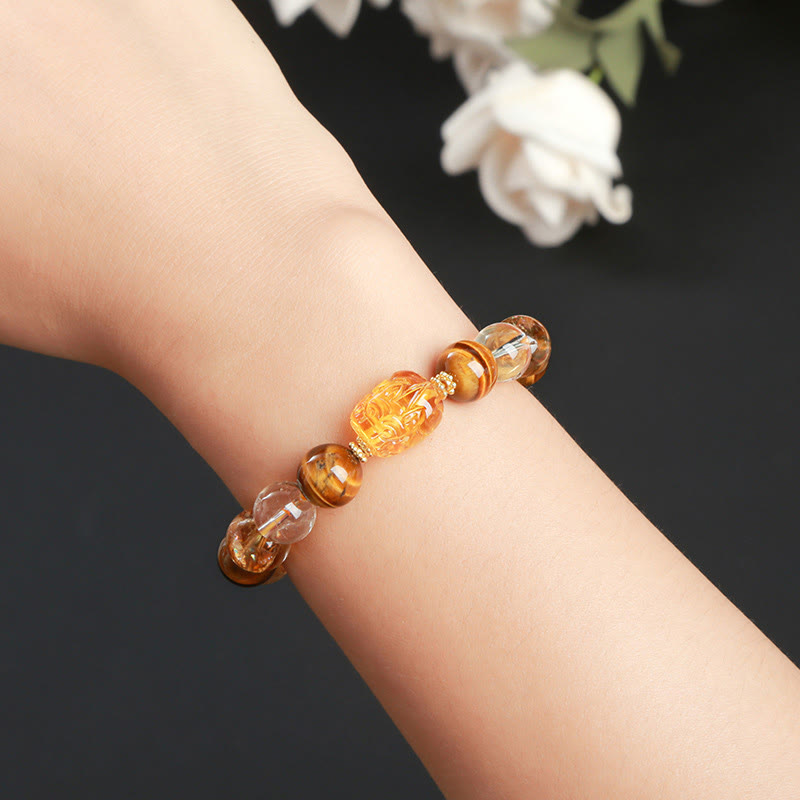 Buddha Stones Natürliches gelbes Tigerauge Citrin Bienenwachs Pixiu Stärke Armband