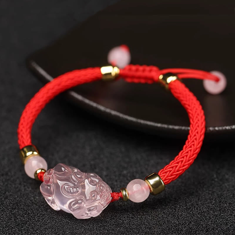 Buddha Stones PiXiu Rosa Kristall Reichtum Schnur geflochtenes Armband