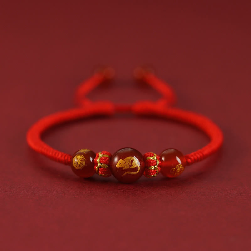 Buddha Stones Handgemachtes rotes Achat-chinesisches Sternzeichen-Schutzarmband mit roter Schnur, geflochten - Roter Achat Chinesisches Sternzeichen - Ratte - image 1