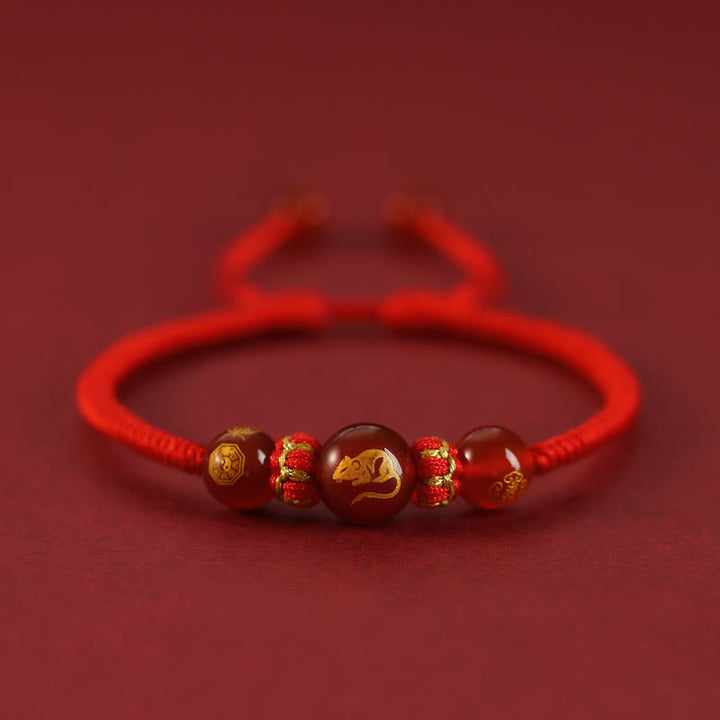Buddha Stones Handgemachtes rotes Achat-chinesisches Sternzeichen-Schutzarmband mit roter Schnur, geflochten - Roter Achat Chinesisches Sternzeichen - Ratte - image 1