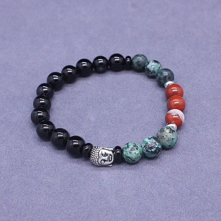 Buddha Stones , natürlicher schwarzer Onyx, weißer Stein, grüner Aventurin, Tigerauge, Achat, gemischte Farben, Buddha-Kopf-Schutzarmband