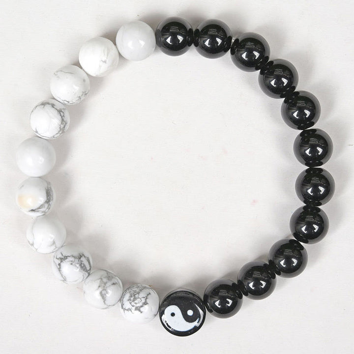 Buddha Stones Armband aus natürlichem Obsidian, Weiß und Türkis, Yinyang, Tai Chi, Stärke