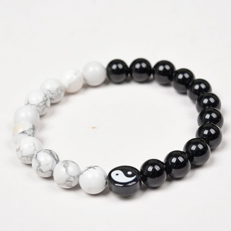 Buddha Stones Armband aus natürlichem Obsidian, Weiß und Türkis, Yinyang, Tai Chi, Stärke