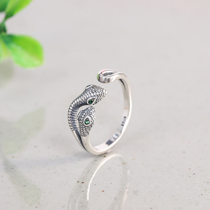 Buddha Stones 925 Sterling Silber Jahr der Schlange Zweiköpfige Schlange Verstellbarer offener Ring