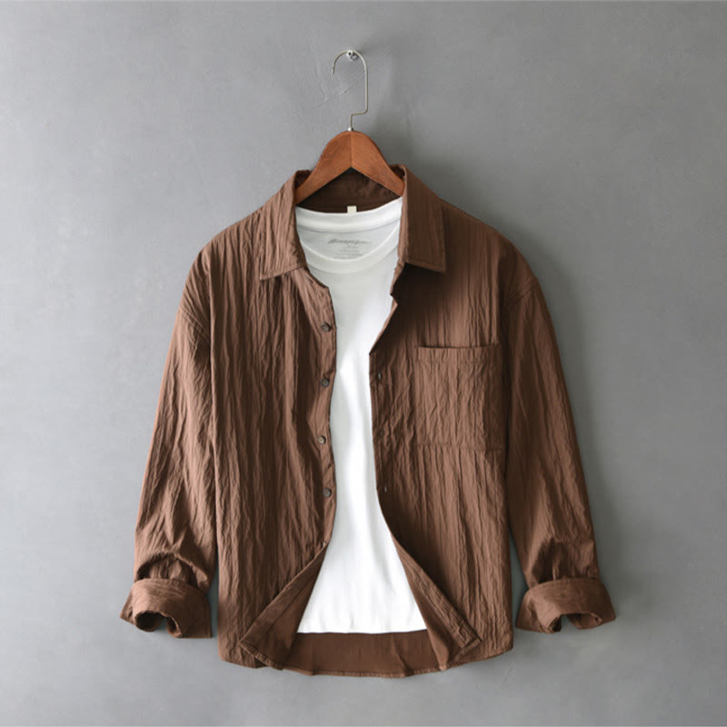 Buddha Stones Lässiges, einfarbiges, langärmeliges Herrenhemd mit Tasche - image 2