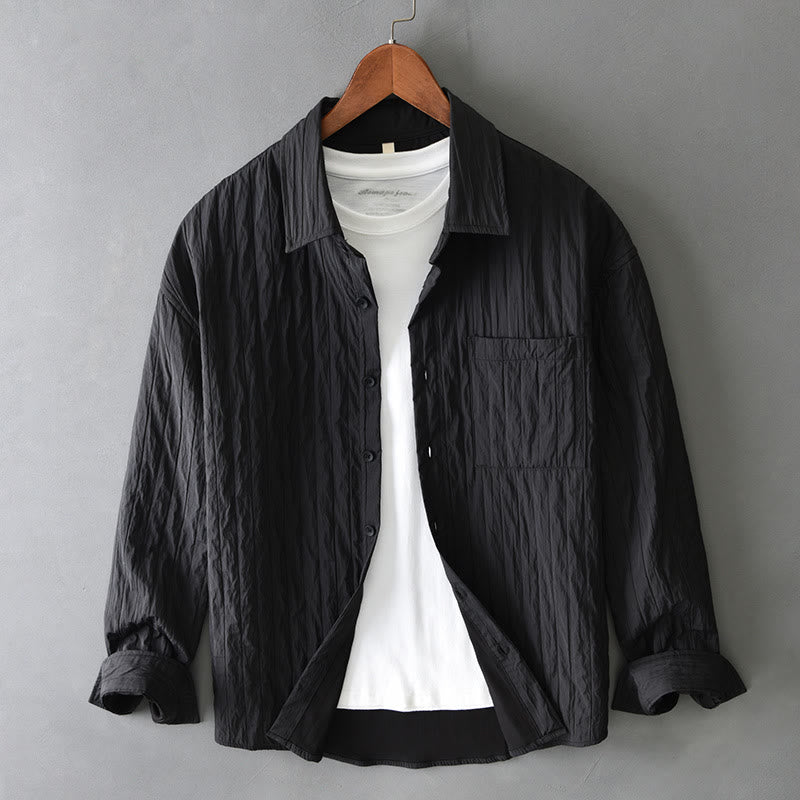 Buddha Stones Lässiges, einfarbiges, langärmeliges Herrenhemd mit Tasche - Schwarz - US/ UK/AU42, EU52 (3XL) - image 12