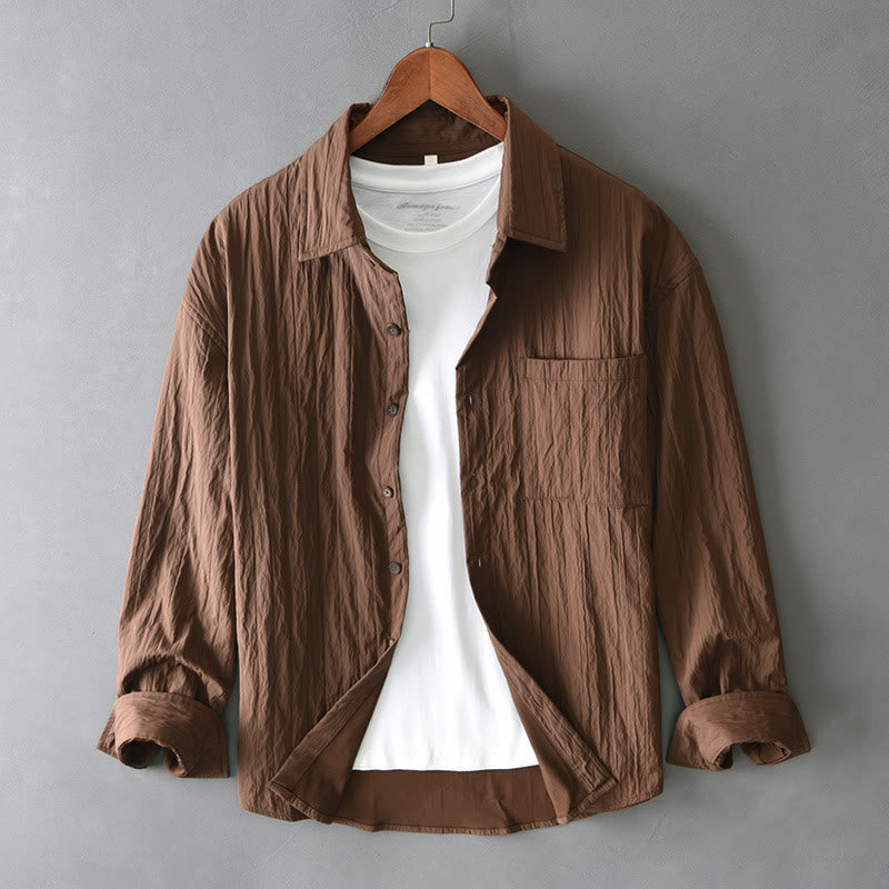 Buddha Stones Lässiges, einfarbiges, langärmeliges Herrenhemd mit Tasche - Sattelbraun - US/ UK/AU42, EU52 (3XL) - image 0