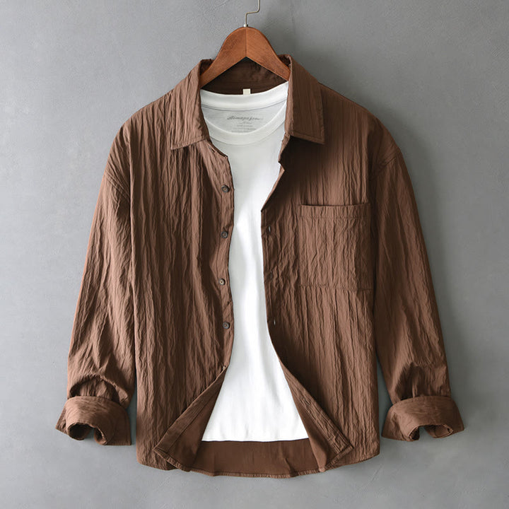 Buddha Stones Lässiges, einfarbiges, langärmeliges Herrenhemd mit Tasche - Sattelbraun - US/ UK/AU42, EU52 (3XL) - image 0