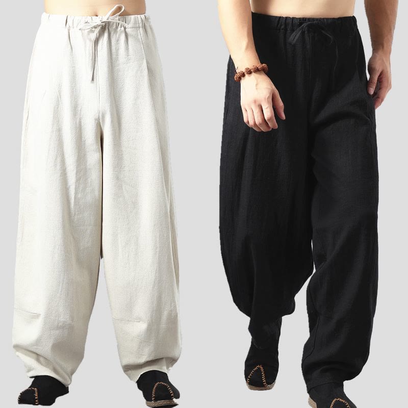 Buddha Stones Lässige, einfarbige Herrenhose aus Baumwollleinen mit Kordelzug und Taschen - image 0