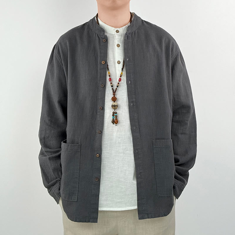 Buddha Stones Lässiges, einfarbiges Herrenhemd aus Ramie-Leinen-Baumwolle mit Taschen - image 2