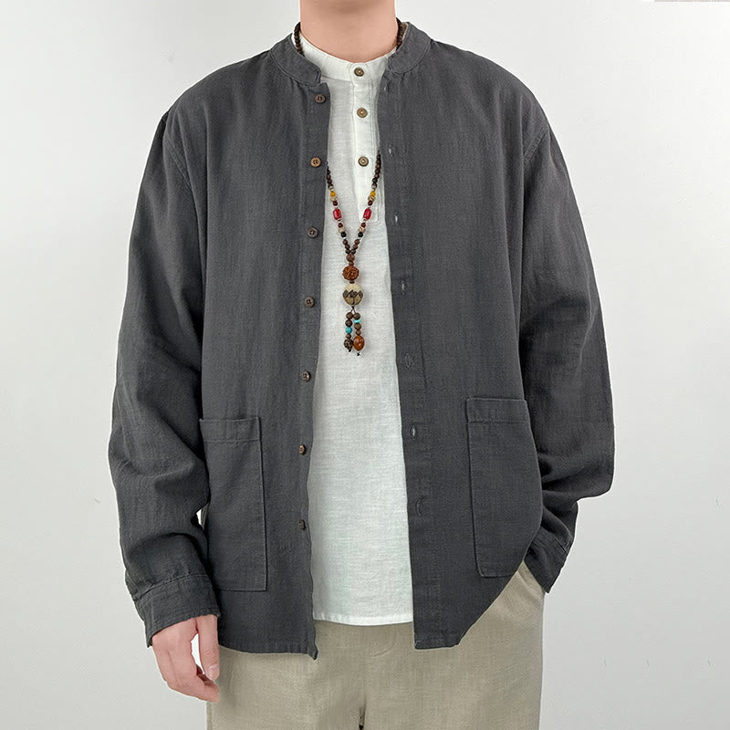 Buddha Stones Lässiges, einfarbiges Herrenhemd aus Ramie-Leinen-Baumwolle mit Taschen - Grau - US/ UK/AU42, EU52 (3XL) - image 0