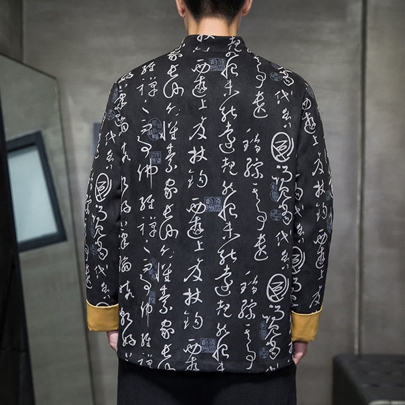 Buddha Stones Herren Tang-Anzug mit Froschknöpfen, chinesisches Kalligraphie-Muster, Hirschleder, Polyester, Jacke, Hemd mit Taschen