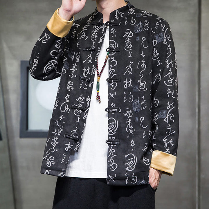 Buddha Stones Herren Tang-Anzug mit Froschknöpfen, chinesisches Kalligraphie-Muster, Hirschleder, Polyester, Jacke, Hemd mit Taschen