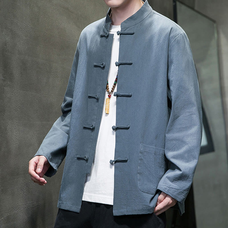 Buddha Stones Einfarbiger Tang-Anzug aus Baumwolle und Leinen mit Froschknöpfen und Taschen - image 1