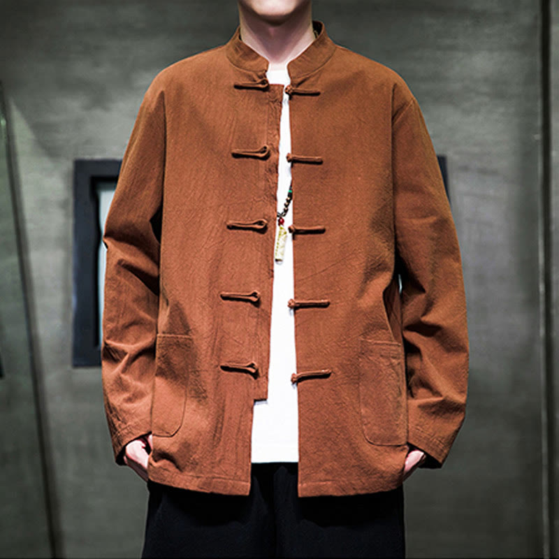 Buddha Stones Einfarbiger Tang-Anzug aus Baumwolle und Leinen mit Froschknöpfen und Taschen - Schokolade - US/ UK/AU46, EU56 (5XL) - image 19